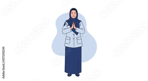 Young muslim woman performing greeting gesture welcoming visitors with respectful attitude