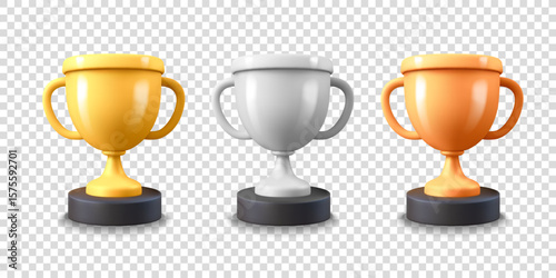 Sport prizes collection. 3d vector illustration isolated on transparent background