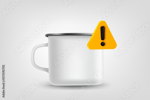 Metal cup with exclamaion sign. Vector 3d illustration
