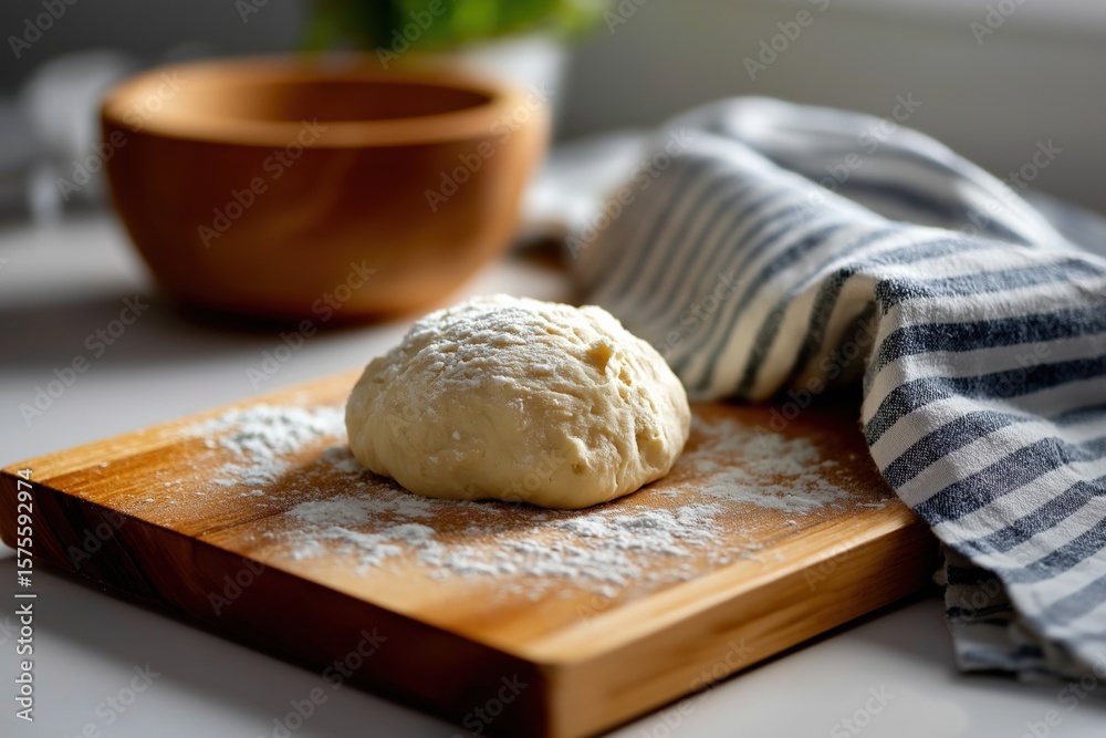 Freshly kneaded dough on wooden board with flour and striped cloth in sunlit kitchen Freshly kneaded dough on wooden board with flour and striped cloth in sunlit kitchen