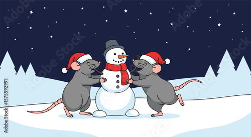 Cute rats building a snowman in a snowy winter forest with stars at night