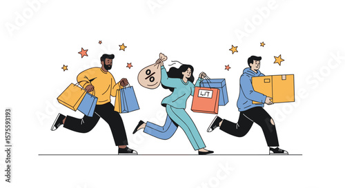 Excited shoppers running with shopping bags and boxes celebrating good deals and discounts