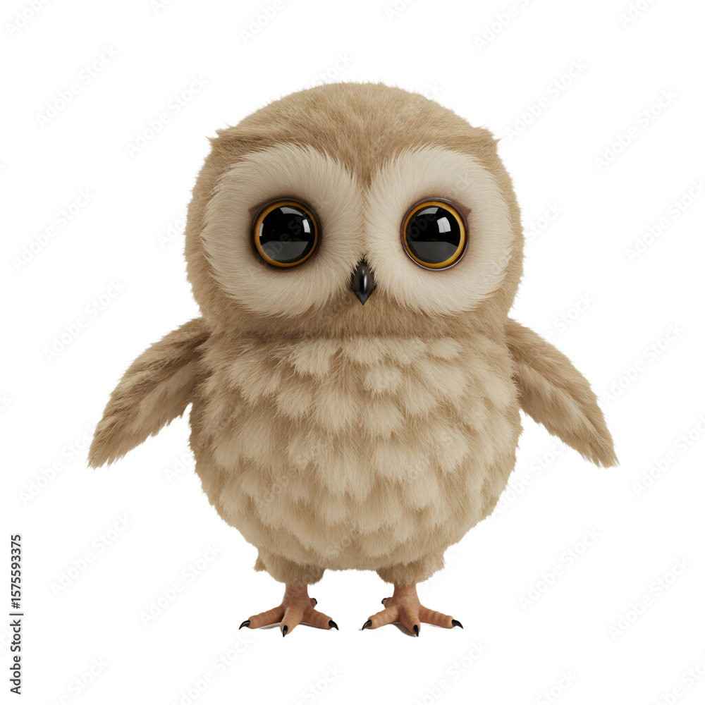 Fototapeta premium A fluffy owl chick with big eyes stands on a transparent background, cute and rendered in high detail for various design projects.