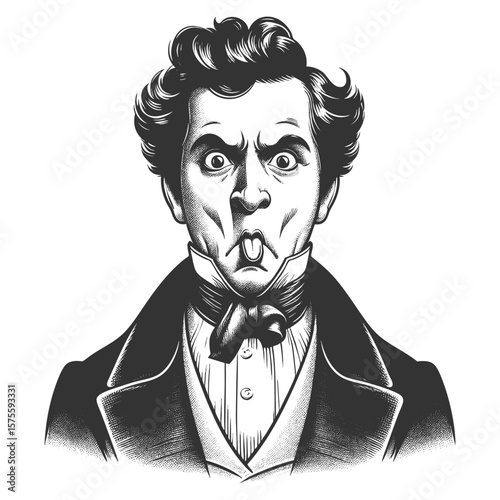 man in formal clothing making a silly face by sticking out his tongue in defiance sketch engraving generative ai fictional character vector illustration. Scratch board imitation. Black and white image