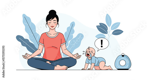 Mother meditating peacefully beside crying baby and modern device