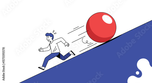 Man running from giant rolling red ball downhill danger thrill motion chase