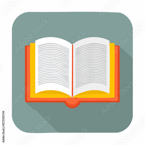 Open book with orange cover, pages filled with text, displayed on a square icon.