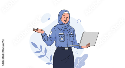 A muslim woman wearing a hijab and traditional attire holding a laptop and presenting information with a friendly gesture