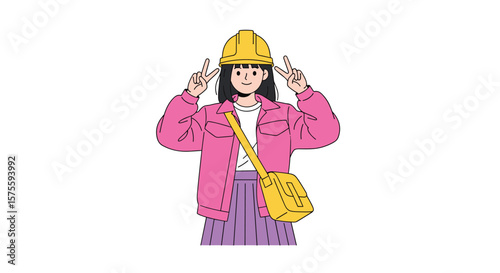 Young woman worker wearing hard hat and pink jacket holding up two fingers
