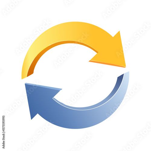 A graphic illustration of two arrows, one gold and one blue, forming a circular motion.