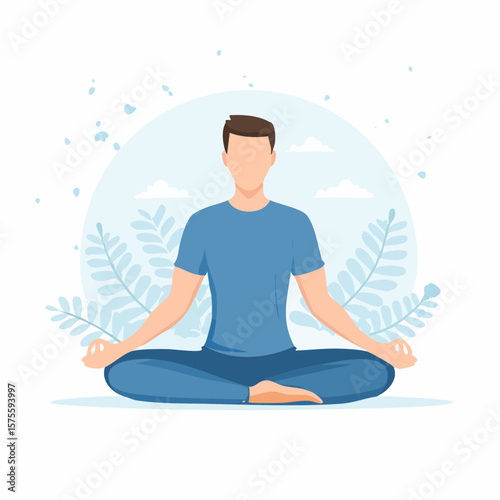Man in lotus position meditating with a blue color palette and leaf background.
