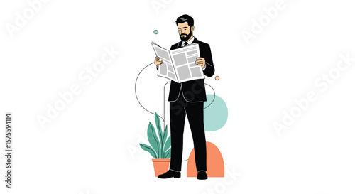 A professional gentleman engaged in reading a newspaper with modern art elements