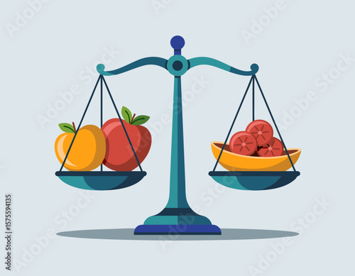 Scales balancing apples and sliced oranges, illustrating concept of equilibrium.