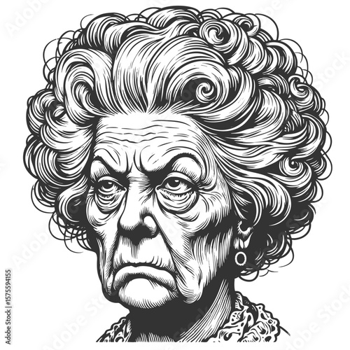 serious elderly woman with curly hair and intense expression, classic vintage portrait style sketch engraving generative ai fictional character vector illustration. Scratch board. Black and white.