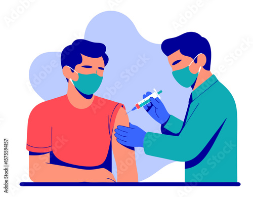 A doctor administers a vaccine injection to a patient wearing protective face masks.