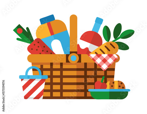 Colorful picnic basket filled with various food items and drinks, ready for an outdoor meal.