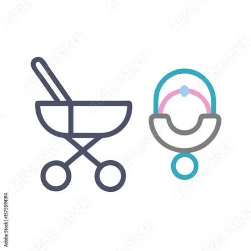 Baby Stroller and Teether Outline Icons. Simple Childcare and Newborn Essentials Vector Set.