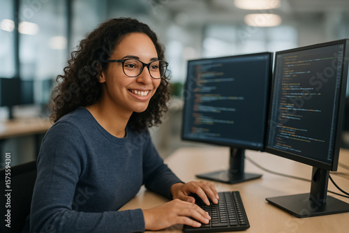 A smiling female software developer working on dual monitors in a modern tech office. Soft background blur adds focus to innovation, coding, and digital creativity.