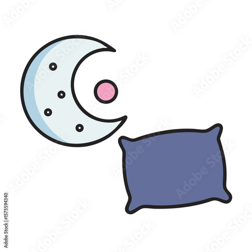Dreamy Night Icon: Crescent Moon with Stars and Soft Pillow Graphic