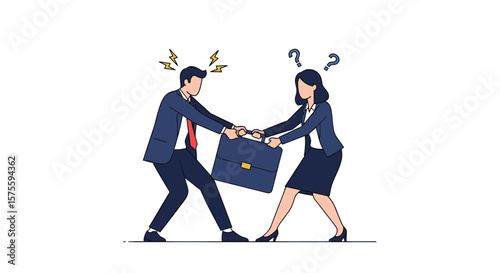 Business professionals fighting over briefcase with question marks and lightning bolts symbolizing conflict and dispute