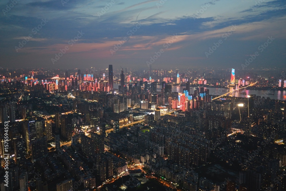 Fototapeta premium Night aerial view of Wuhan city, China