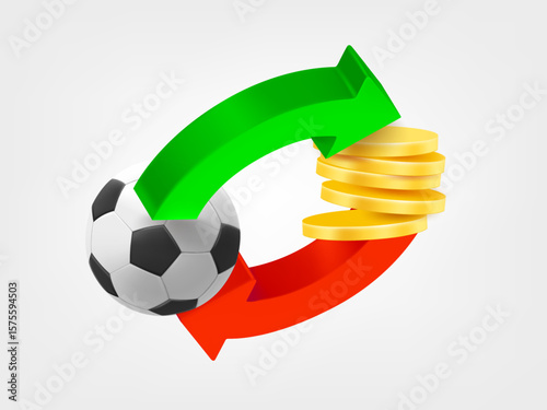 Two arrows with soccer ball and coins. Sports betting concept. 3d vector illustration