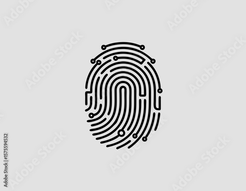 Digital fingerprint graphic, showing interconnected lines and circuits, on a grey background.