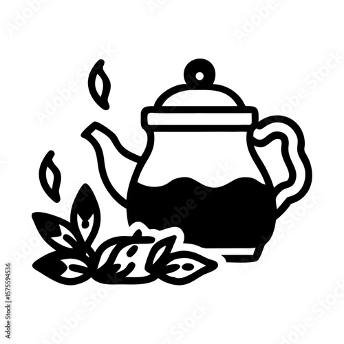 Teapot with Tea Leaves Icon Illustration for Hot Beverages and Herbal Drinks