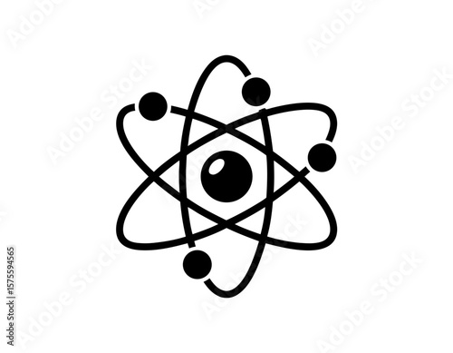 Black and white illustration of an atom with orbiting electrons around a central nucleus.