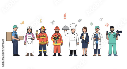 Diverse professionals unite representing essential services and public assistance to community needs