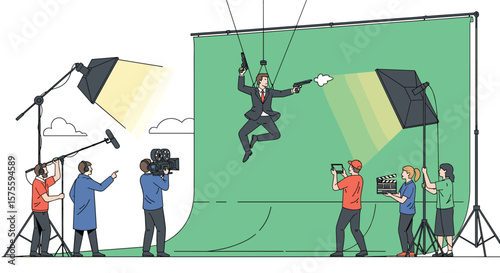 Filming a dramatic action scene using green screen technology for dynamic visual effects