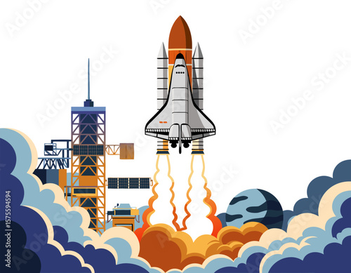 A space shuttle launching from a launchpad, surrounded by clouds and other space-related structures.