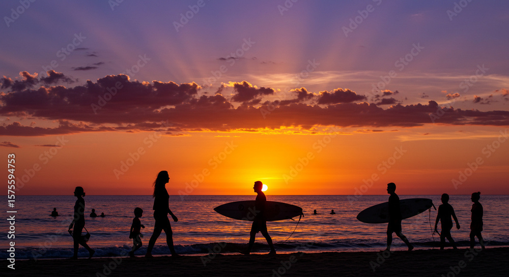 Fototapeta premium Sunset Silhouettes on Summer Beach