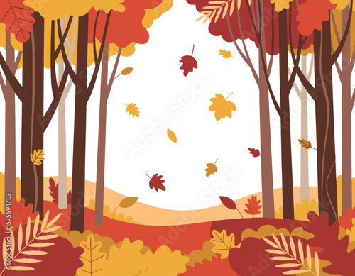 A vibrant illustration of an autumn forest scene with falling leaves and colorful foliage.