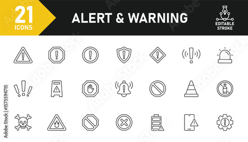 Alert and Warning line icon set. Set of 21 outline icons related to alert sign, warning, danger, hazard, attention sign, caution and others. Editable stroke. Vector illustration.