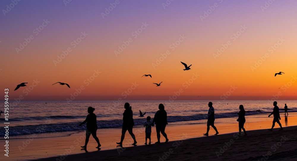 Fototapeta premium Sunset Silhouettes on Summer Beach
