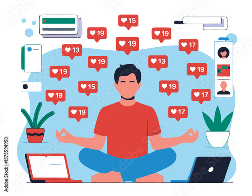 Person meditating amidst social media notifications, finding balance with technology and digital life.