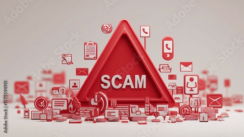 A striking red triangular warning sign labeled 'SCAM' surrounded by various icons representing digital communication.