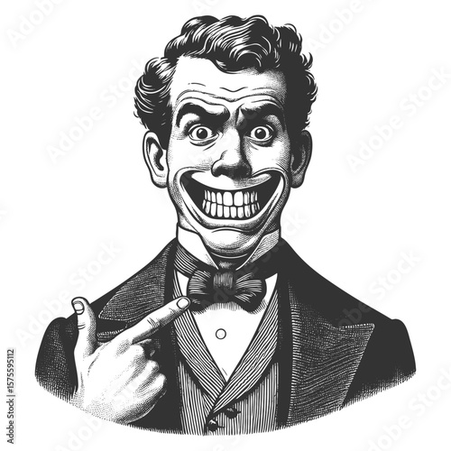 man with an exaggerated, unsettling smile pointing proudly at his bow tie in a formal suit sketch engraving generative ai fictional character vector illustration. Scratch board. Black and white image.
