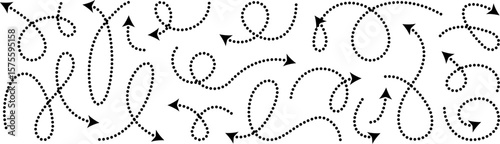 Squiggly dotted arrow, vector dashed curved line arow set. Rise and fall change plan, doodle shaped pointer map element. 3d dynamic curly direction loop scribble. Abstract long spiral waving chart