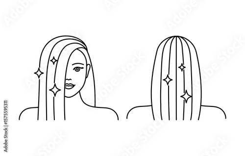 Glossy, shiny, straight hair vector icon. Back and front view of hair, editable stroke