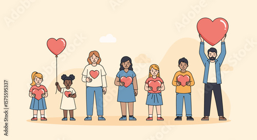 Diverse people holding red hearts together expressing love unity and compassion