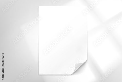 White paper page on bright background with window light. 3d vector mockup
