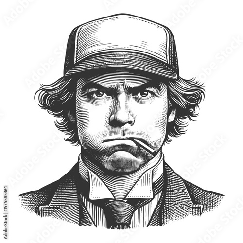 stern man in a cap, clenching a cigar in his mouth with a displeased expression sketch engraving generative ai fictional character vector illustration. Scratch board imitation. Black and white image.