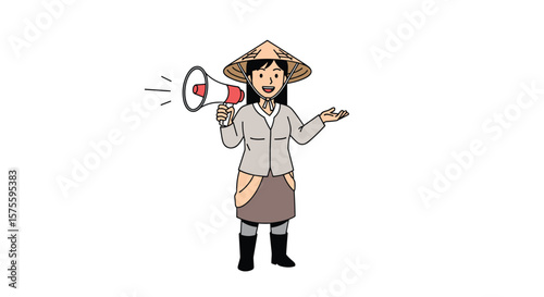 Woman with megaphone announces important information to crowd gathering outdoors