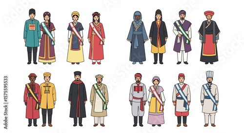Collection of historical figures dressed in traditional clothing from various cultures and eras showcasing diverse global heritage and national identity