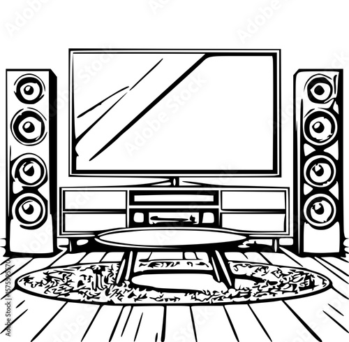 Modern TV with hifi loudspeakers, black and white vector drawing