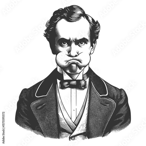 man in Victorian attire with puffed cheeks and furrowed brows, expressing irritation or frustration sketch engraving generative ai fictional character vector. Scratch board imitation. Black and white.