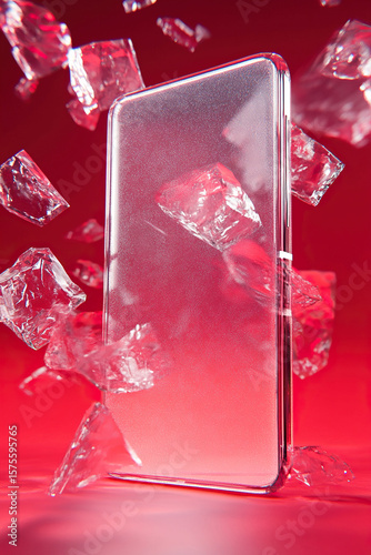 Mockup of transparent frozen smartphone with ice cubes around on red background.