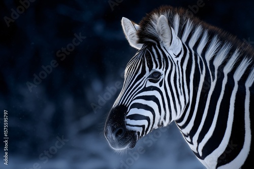 zebra profile winter, black white stripes, animal survival concept